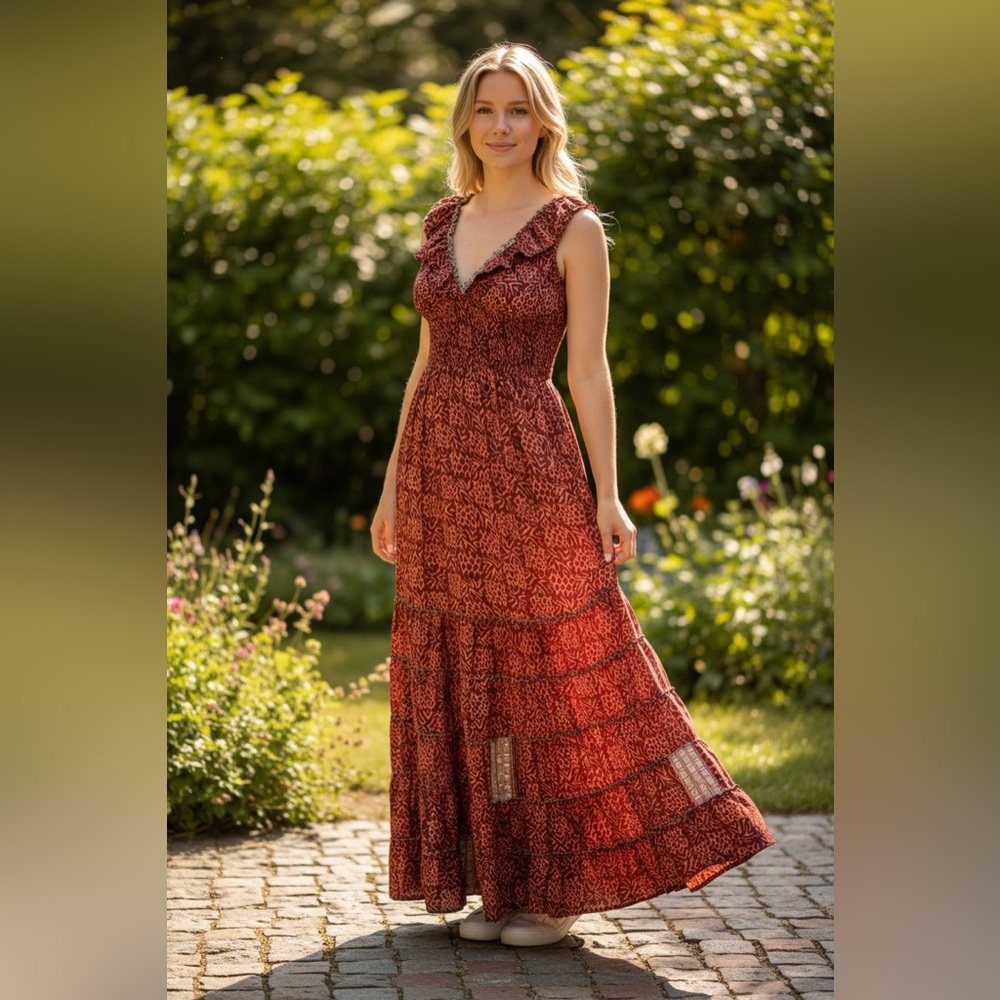 🍓 17. Chic Red Patterned Maxi Dress